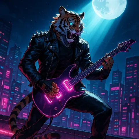 Anime-style Illustration of a Cyberpunk Tiger Wearing a Leather Outfit