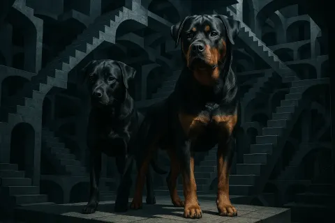 Two Rottweilers Occupy an Impossible Architecture with Escher-like Stairways