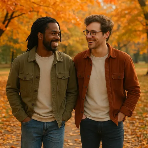Two Friends Walking Side by Side Through a Park