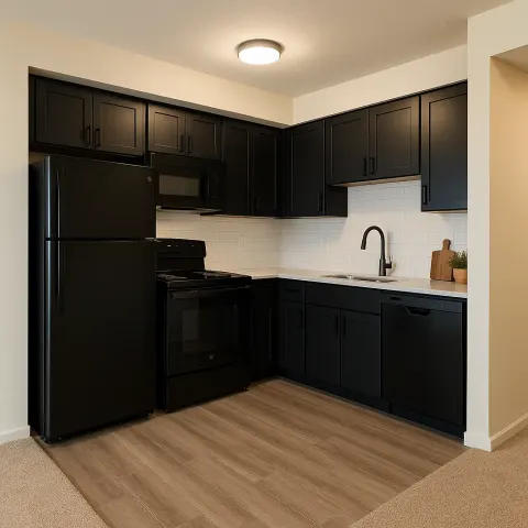 Small Modern Kitchen with Black Appliances and Cabinets