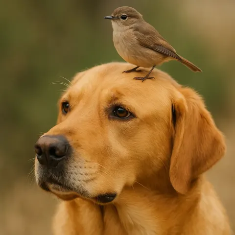 Small Bird Perched Atop the Head of a Big Dog