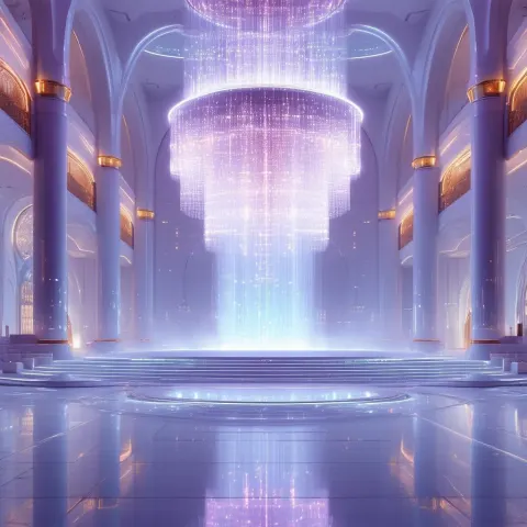 Cybernetic Chandelier in a Neon Grand Hall