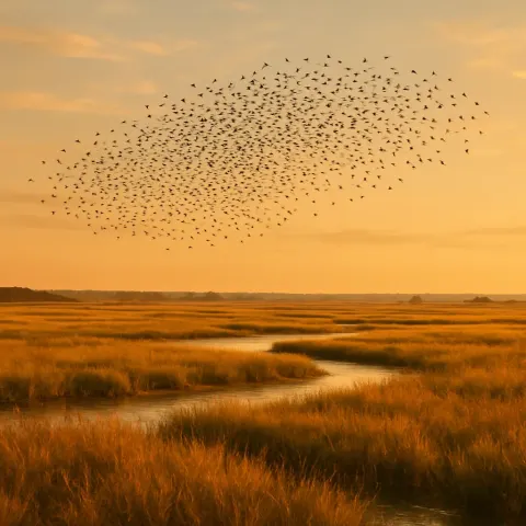 Large Flock of Distant Birds Wheels in Unison