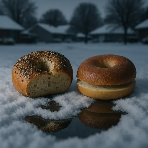 Two Distinct Bagels—one a Standard Bakery Size Generously Topped