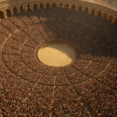 Massive Crowd of Indistinguishable Spectators Fills a Colossal Ancient Amphitheater