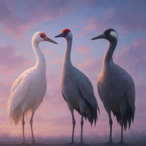 Centrally Composed Trio of Distinct Cranes Stands Majestically