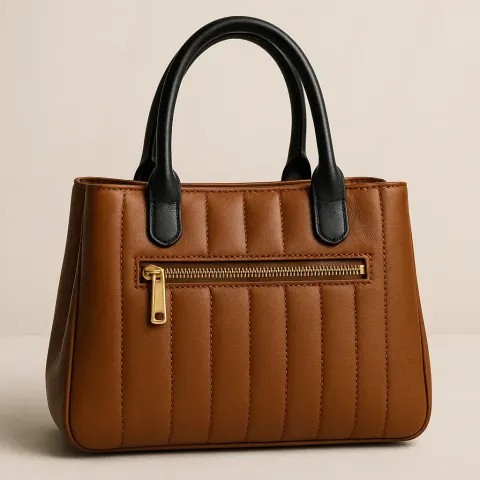 Brown Leather Handbag with Vertical Stitching