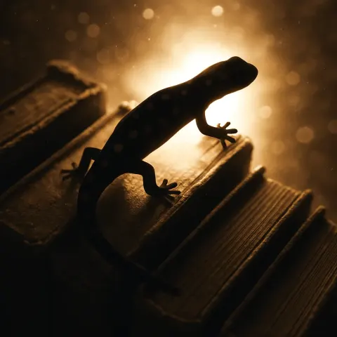 Intense Backlight Silhouettes a Spotted Salamander Amidst Dusty Tomes