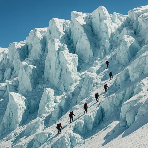 Handful of Distant Climbers Meticulously Ascends a Colossal