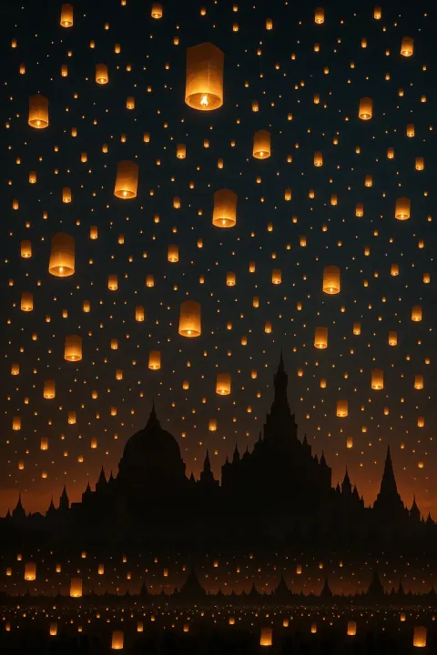 Thousands of Glowing Lanterns Ascend Slowly into the Twilight Sky