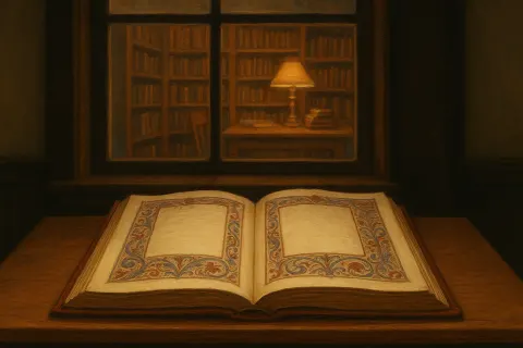 Wooden Desk in the Foreground Holds an Elaborately Designed Open