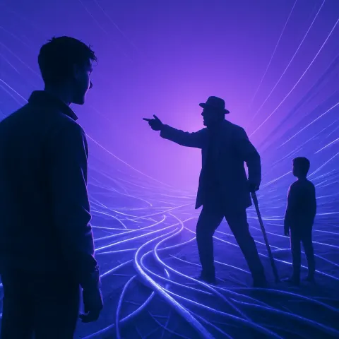 Three Distant Figures Interact Amidst a Vast