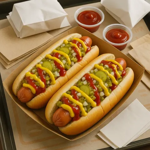 Two Loaded Hot Dogs with Mustard