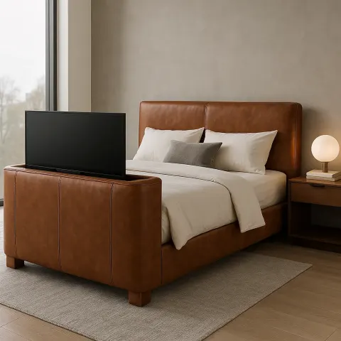 Contemporary Bedroom with a Brown Leather Bed Frame Featuring