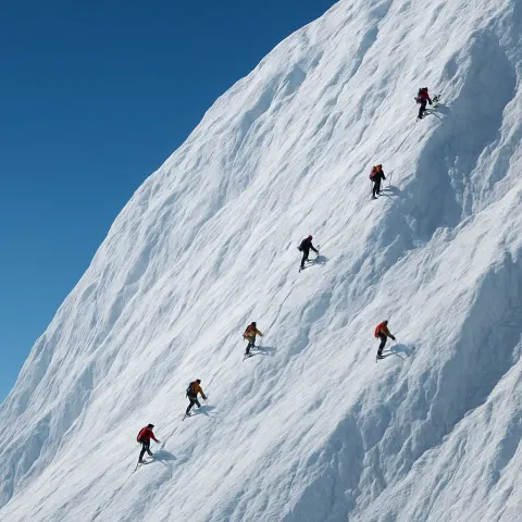 Scattered Handful of Distant Climbers Slowly Ascends a Colossal