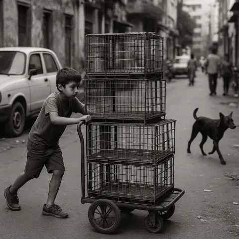 Young Boy Pushes a Cart