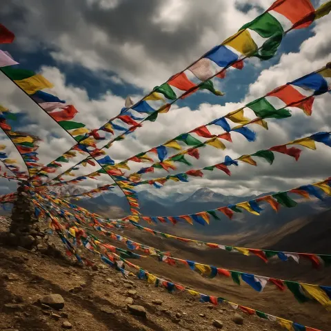 Innumerable Prayer Flags Flutter Violently on a High Mountain Pass