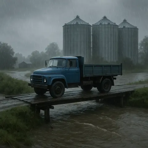 Truck Crossing a Makeshift Wooden Bridge over a Flooded River