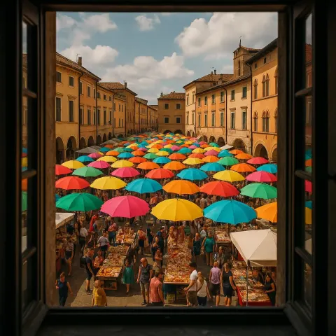 Myriad Colorful Umbrellas Create a Dense