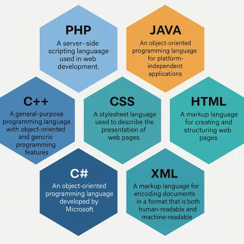 Diagram of Hexagons Showcasing Different Programming Languages (PHP, JAVA, C++