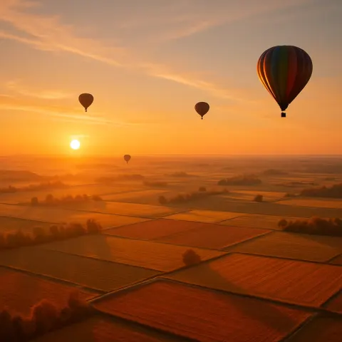 Few Distant Hot Air Balloons Drift Lazily Across a Sprawling