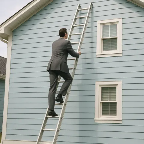 Man Wearing a Gray Business Suit Ascends a Steel Ladder