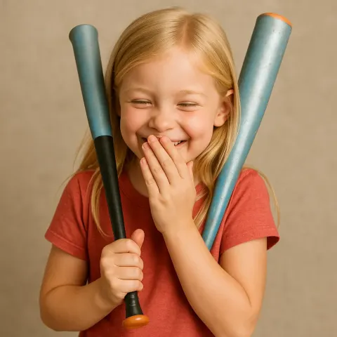 Giggling Blonde Girl with a Softball Bat in Hand