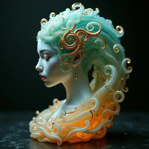Backlit Wax Medusa With Art Nouveau Swirls