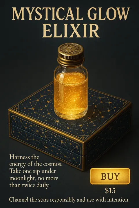 Title (large Text): Mystical Glow Elixir A Glass Container Filled