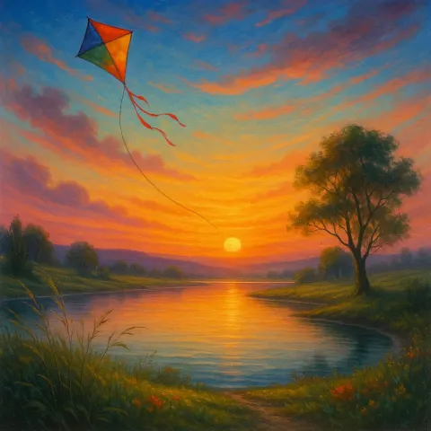 Peaceful Morning Scene with Soft Winds Lifting a Kite