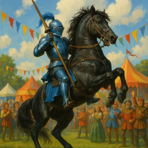 Knight in Blue Medieval Armor Rides a Rearing Black Horse