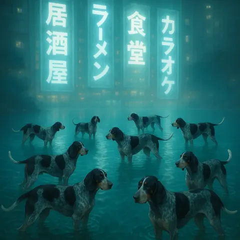 Many Bluetick Hounds in a Serene Lagoon