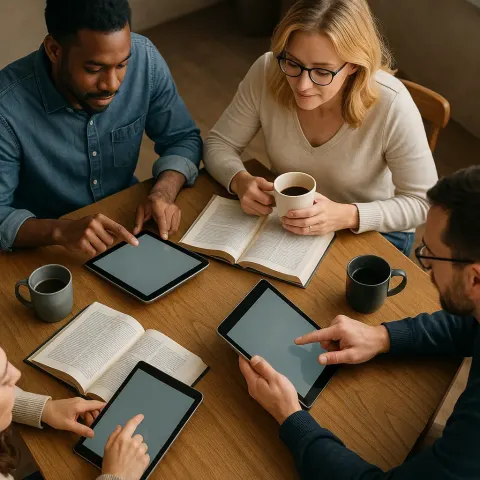 Group Seated Around a Wooden Table