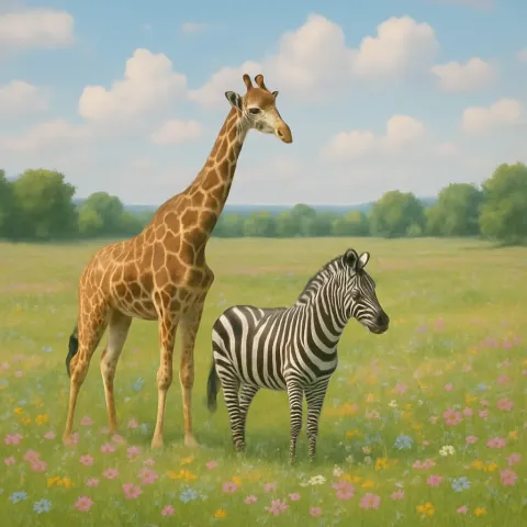 Giraffe and a Zebra Can Be Seen from Afar