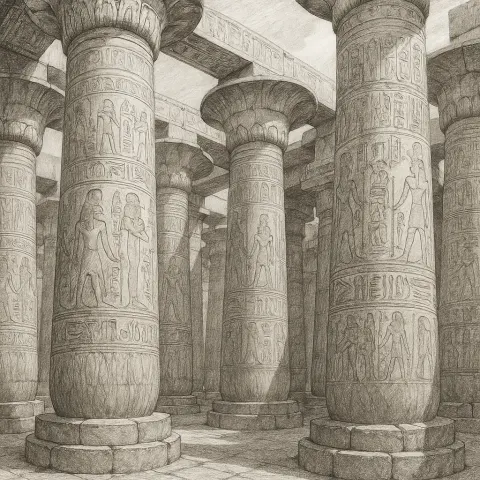 Graphite Illustration Capturing the Grandeur of Karnak's Hypostyle Hall