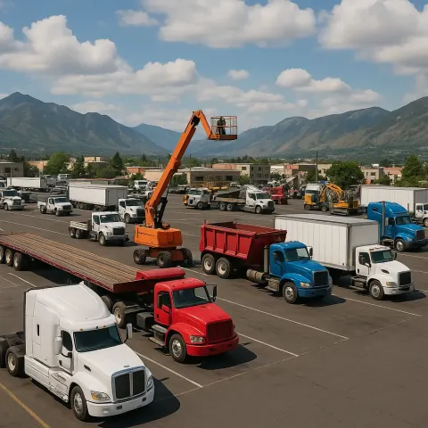 Busy Parking Lot Filled with Multiple Trucks