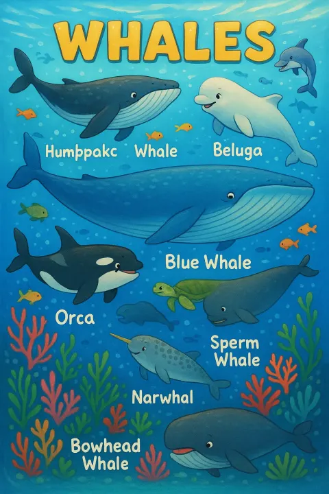 Engaging and Colorful Educational Poster Featuring Different Whale Species Gliding