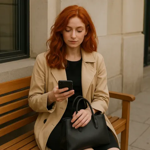 Woman with Red Hair Is Sitting on a Wooden Bench