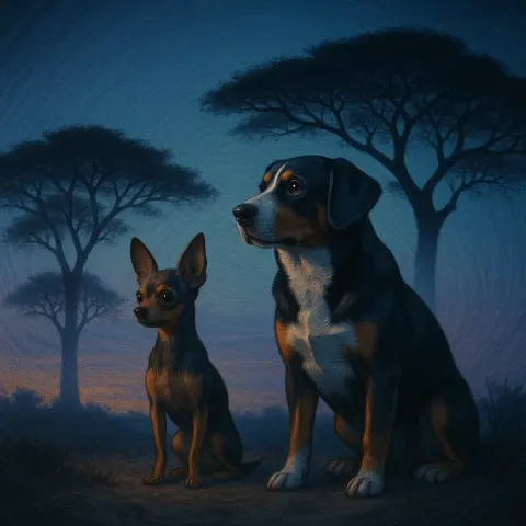 Toy Terrier and Entlebucher Beneath Silhouetted Dusk Acacias
