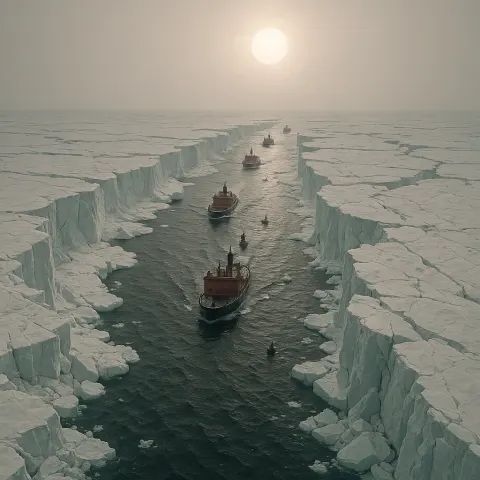 Several Icebreaker Ships Appear as Small Specks Navigating a Channel