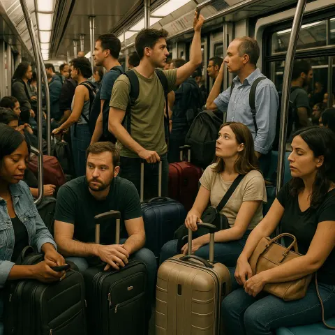 Passengers Seated and Standing Inside a Crowded Subway Train
