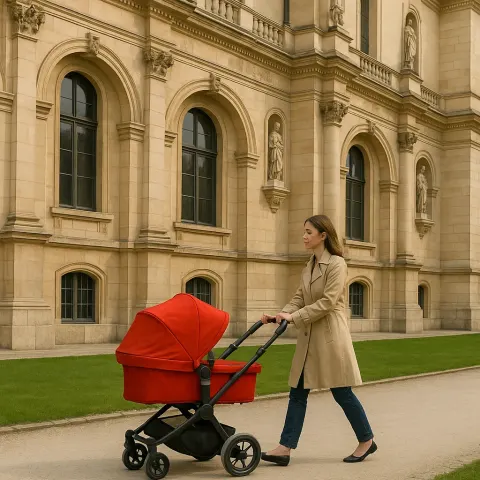 Woman Pushes a Red Stroller on a Path