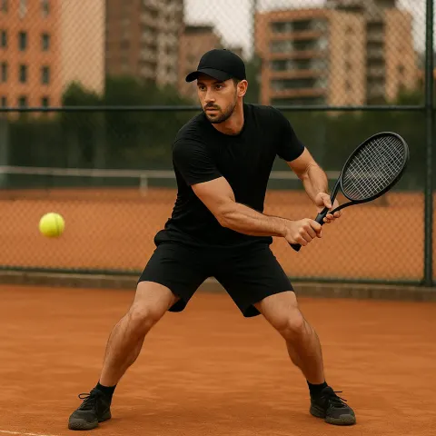 Person Wearing Black Sportswear Prepares to Hit a Tennis Ball