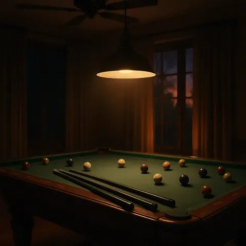 Lustrous Mahogany Billiard Table Sits Beneath the Subdued Golden Glow