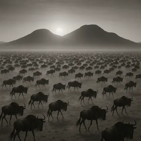 Thousands of Distant Wildebeest Surge Across a Vast