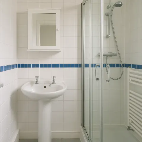 Small Bathroom Featuring a White Pedestal Sink with Dual Taps