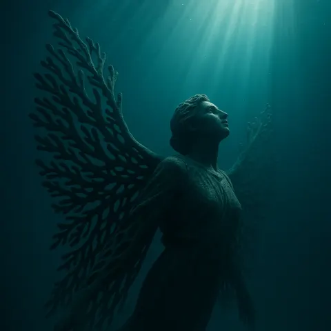 Imagine an Awe-inspiring Underwater Sculpture Depicting a Celestial Figure
