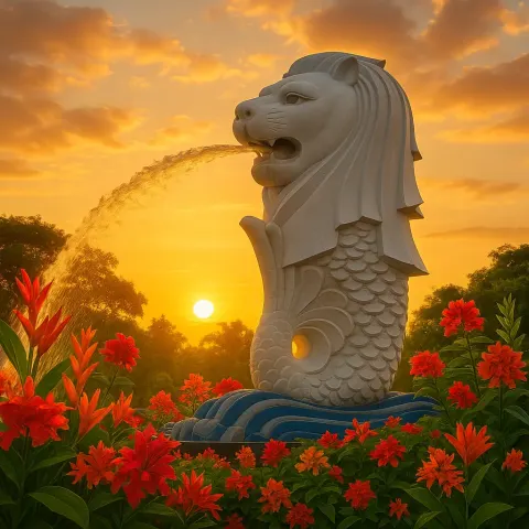 Grand Merlion Statue Made of Pristine White Stone