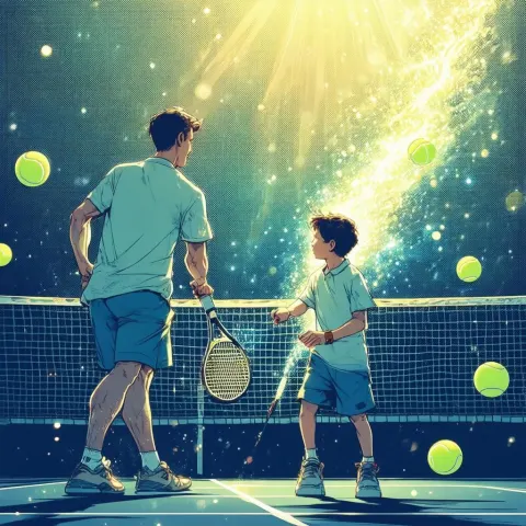 Celestial Tennis Match Between Father and Son