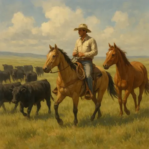 Cowboy on Horseback Herding Black Cattle in a Grassy Plain